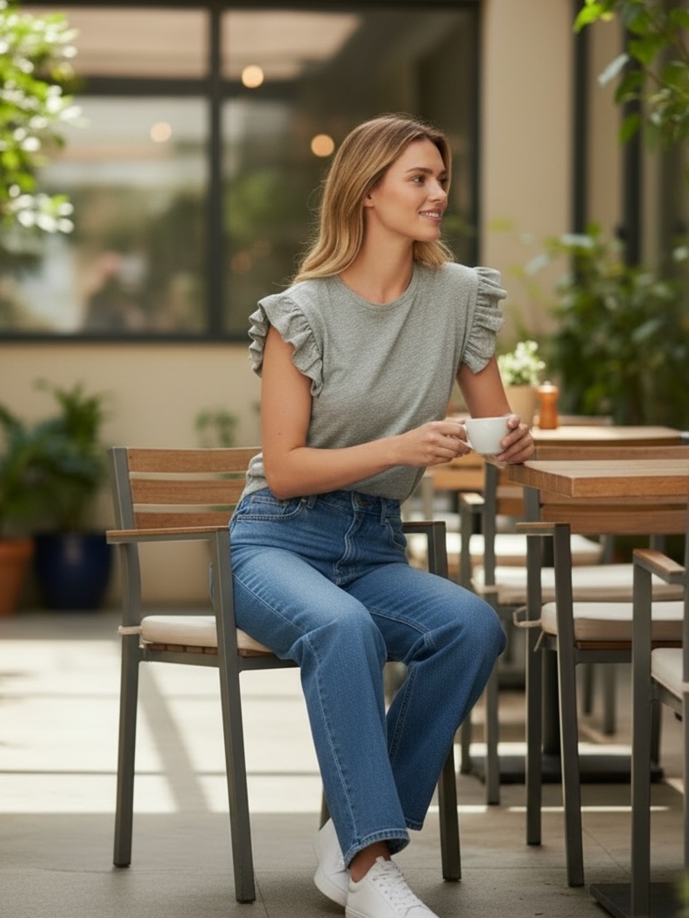 bobi Ruffle Sleeve Short Sleeve Tee in Light Gray